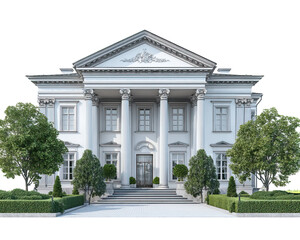 Luxurious Neoclassical Estate with Large Portico Trimmed in White on Transparent Background

