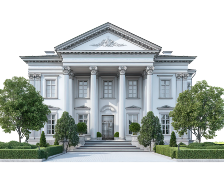 Luxurious Neoclassical Estate with Large Portico Trimmed in White on Transparent Background

