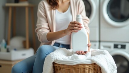 Woman holding a white detergent bottle, ready for laundry, with a basket of clean towels and a washing machine in the background.