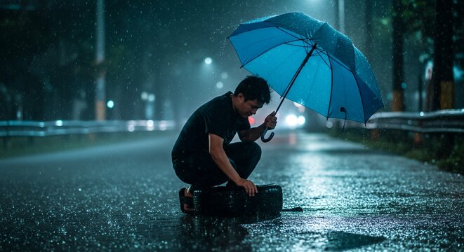 Solitary Figure Under a Blue Umbrella, Examining a Tire in the Rain at Night