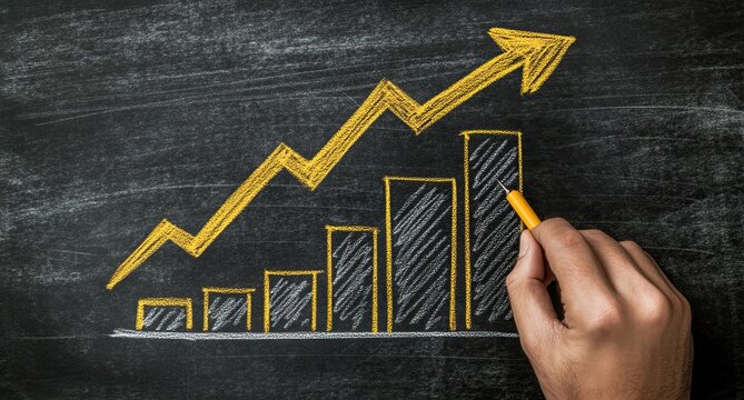 Hand drawing a growing chart on a dark chalkboard. A yellow upward trend line connects a series of gray bar graphs