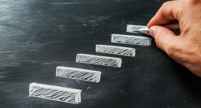 Hand drawing a staircase on a chalkboard