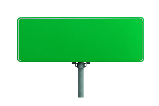 Green road sign with silver border on a metal pole against a, perfect for adding custom text isolated on transparent background