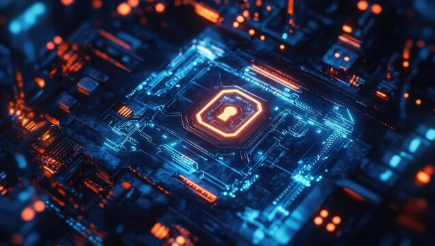Circuit board with glowing key icon