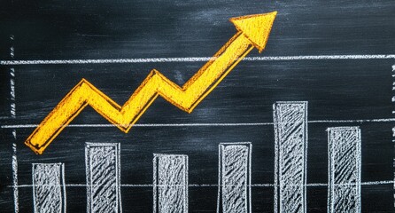 A hand-drawn chart on a dark surface, depicting an upward trend.  A bright yellow upward-pointing arrow with a zigzag line leads the eye across a simple bar graph. 