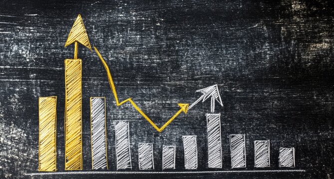 Chalkboard graph showing fluctuating performance.  A gold upward trendline contrasts with a silver downward trendline, both atop a series of gray and gold bars representing data