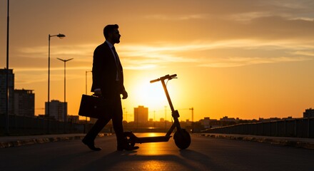 Silhouetted businessman strides purposefully towards sunset, briefcase in hand, alongside his electric scooter.