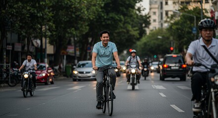 Happy cyclist smiles while riding his bike through a city street, surrounded by other commuters on motorcycles and scooters.