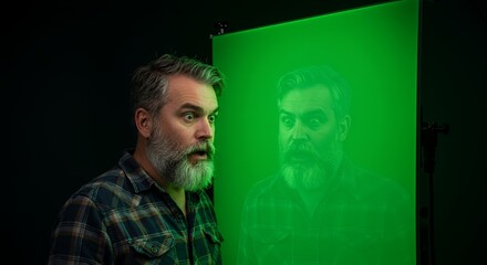 Amazed man stares at a ghostly green projection of himself, a surreal self-portrait on a luminous screen.