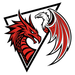 Fierce Red Dragon vs White Eagle Inside Black Triangle Emblem, A high-impact emblem depicting a red dragon and white eagle in dramatic contrast, intertwined within a sharp black triangular frame — sym