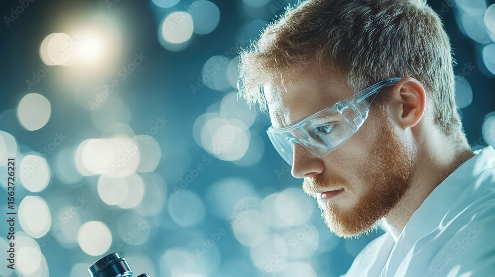 Poster focused scientist analyzing sample in laboratory with microscopic lens