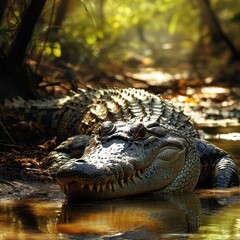 Obraz premium Crocodile in a sunny forest stream