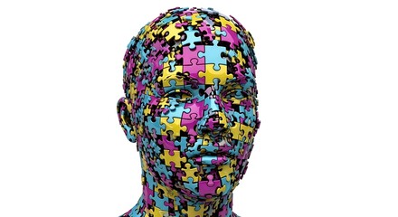 Human head covered in colorful puzzle pieces representing identity and complexity