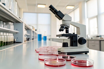 Fototapeta premium Laboratory scene featuring a microscope and petri dishes on a clean workspace, with glassware in background
