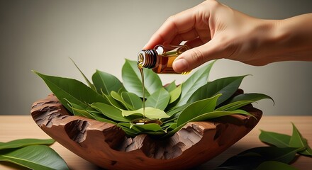 Hand pouring essential oil into a wooden bowl filled with fresh green leaves