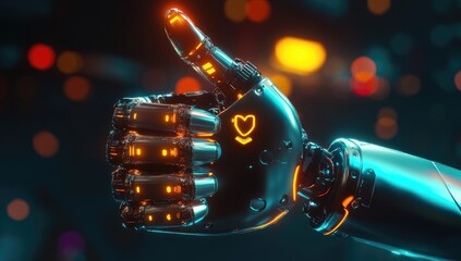 A metallic robotic hand gives a thumbs-up gesture. Neon lights highlight intricate details