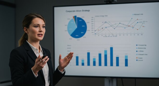 Confident businesswoman presenting corporate strategy with charts and graphs on screen.