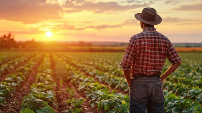 A farmer wearing a hat stands in a field of crops at sunset, with the sun setting in the background.