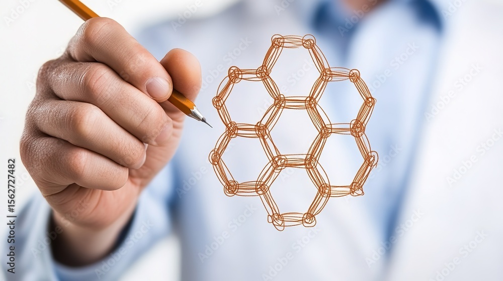 Poster hand draws hexagonal structure with pencil on transparent background