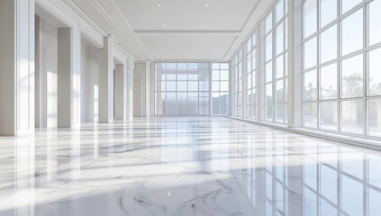Obraz premium Empty white marble hall with large windows. Sunlight streams in