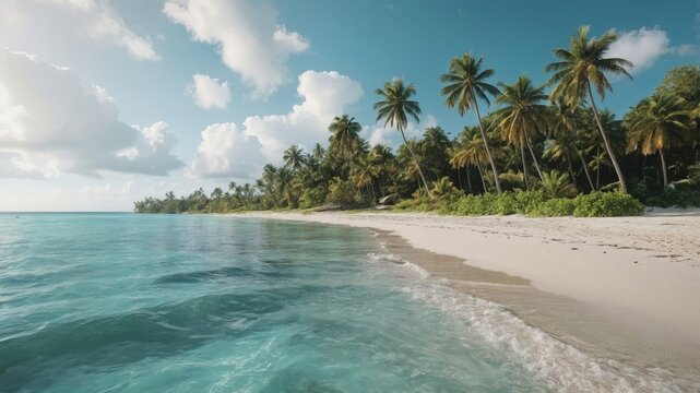 Clear turquoise water meets soft white sand under sunny skies, creating a perfect tranquil beach paradise.