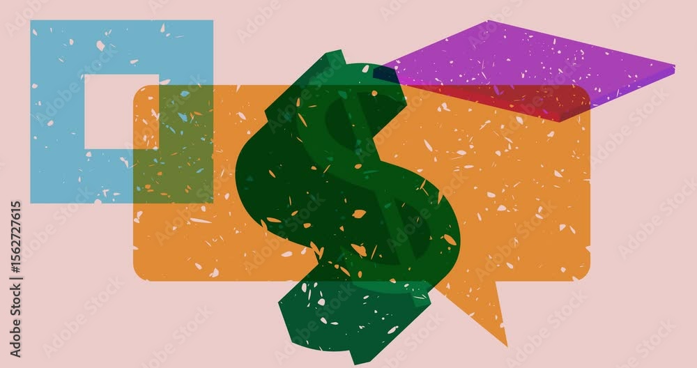 Poster risograph dollar sign and speech bubble with geometric shapes animation. moving object in trendy ris