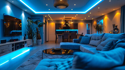 Modern, brightly lit open plan living area with comfy sectional sofa,  TV, and kitchen view.