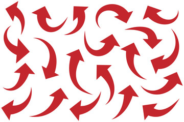 Red curved arrow set. Curved Arrows sign. Set of curved arrows isolated on white background. arrow twisted in various directions. Collection of pointers.