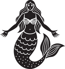 mermaid illustration, mermaid silhouette vector icon black and white full body