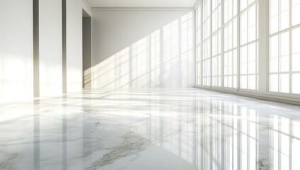 Obraz premium Empty white interior with marble floor and large windows. Sunlight streams in