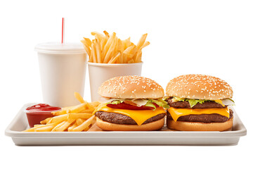 Two Burgers with Fries, Soda, and Ketchup on a Tray Against a isolated on transparent background