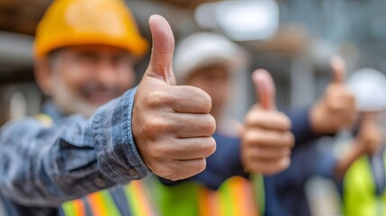 A male construction worker wearing a hardhat and safety gear gives a thumbs up gesture indicating his approval and confidence in the successful completion of a construction project