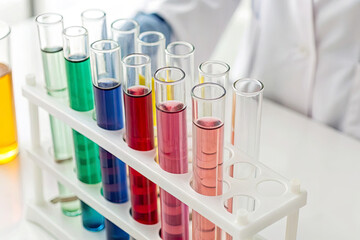 Scientist conducting experiments with colorful liquids in test tubes on a lab table