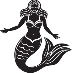 mermaid illustration, mermaid silhouette vector icon black and white full body