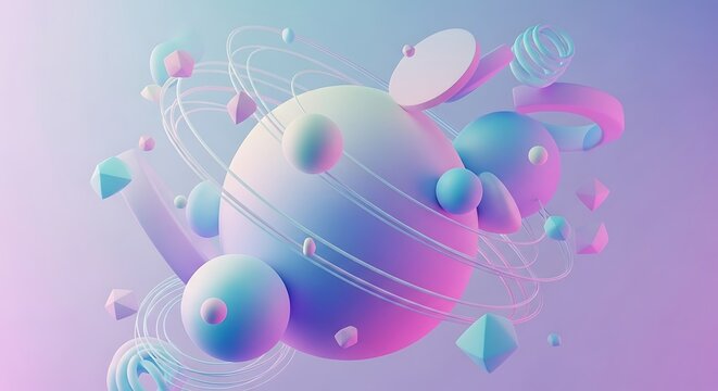 Abstract 3d shapes and geometric forms in pastel gradient colors with orbiting rings