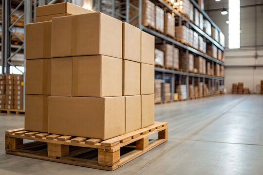 Stacked cardboard boxes on a wooden pallet in a spacious warehouse with organized shelves - Powered by Adobe