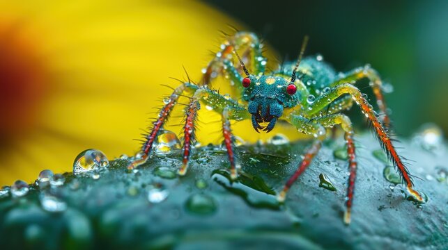 A colorful spider with dew drops on its legs, perched on a green leaf with a yellow flower in the background. - Powered by Adobe