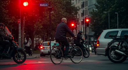 Urban cyclist navigates a city intersection at a red light, showcasing a moment of calm amidst the urban bustle.