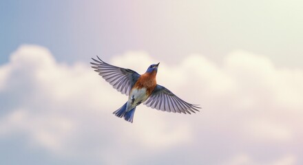 Eastern Bluebird Soaring in Flight Against a Cloudy, Pastel Sky Background