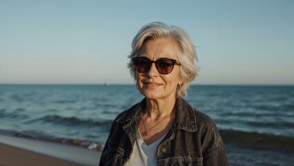 Mature Woman in Sunglasses by the Ocean, Relaxed Beach Portrait,ocean,face