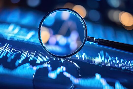 Magnifying glass over glowing financial data