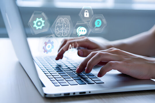 Woman's hands typing on laptop, AI interface, futuristic technology, digital communication, secure data, modern workspace, professional, clean, bright.
