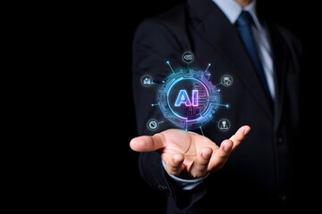 Businessman Presenting Futuristic AI Technology Interface:  Innovative Digital Solution Concept.