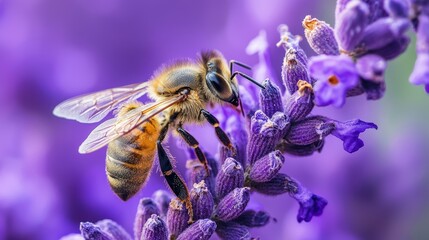 Fototapeta premium A honey bee on lavender flowers, with a blurred purple background.