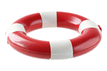 Red and White Life Preserver Ring for Water Safety and Emergency Rescue on a Black Backdrop isolated on transparent background
