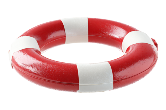 Red and White Life Preserver Ring for Water Safety and Emergency Rescue on a Black Backdrop isolated on transparent background