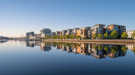Fototapeta premium Modern waterfront apartments reflected in calm water at dawn