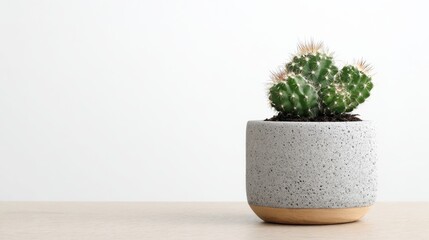 Small cactus in a gray pot on a light wooden surface