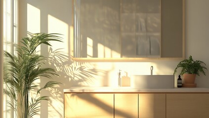 Sunny bathroom interior, light beige tones, plant shadows