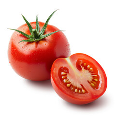 Um tomate inteiro ao lado de um tomate cortado em fundo transparente png